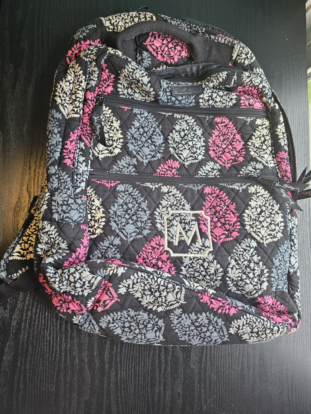 Vera Bradley Black Quilted Backpack with Pink & Gray Leaf Print OS